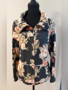 Volcom Floral Cotton Blend Zip-Up Jacket in Charcoal Cream and Coral Surf Skate